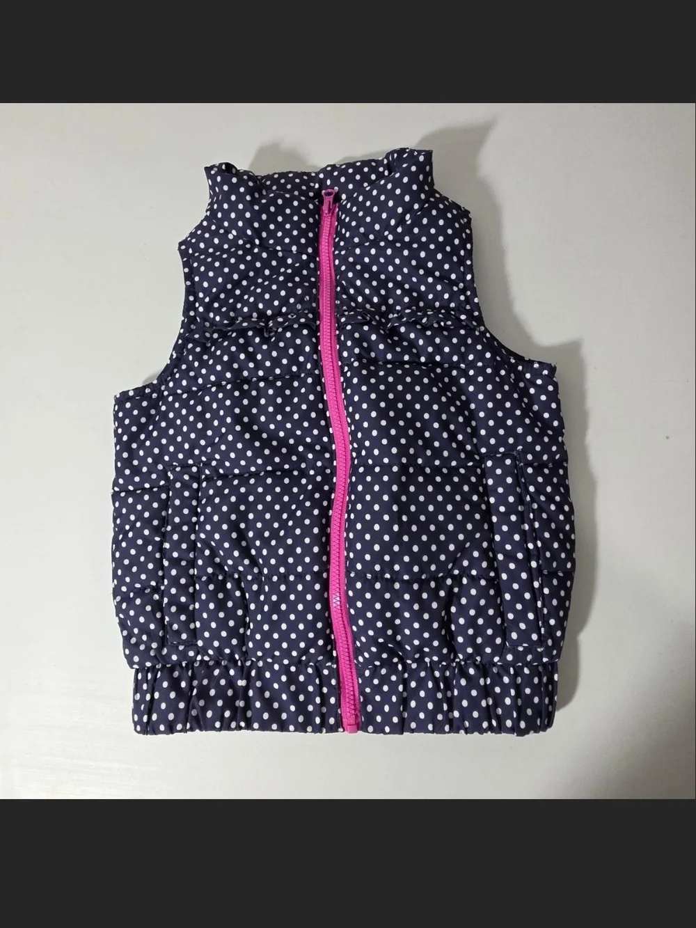 Girls Navy Polka Dot Puffer Vest with Pink Zip